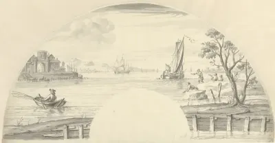 Gezicht op enkele boten op het water, een vissende man en een stadspoort