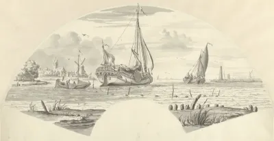 Gezicht op enkele boten op het water en een molen bij een kerk