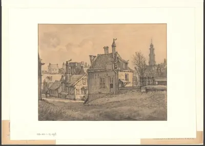 Gezicht op enkele huizen en de Westertoren vanaf de Raampoort