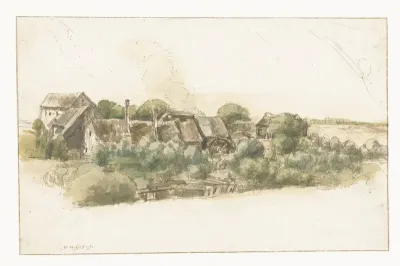 Gezicht op enkele huizen en een watermolen tussen bomen