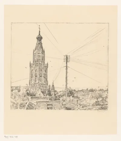 Gezicht op Enkhuizen met de toren van de Zuiderkerk en een telefoonmast