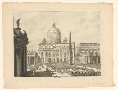 Gezicht op façade van de Sint-Pietersbasiliek en het Sint-Pietersplein