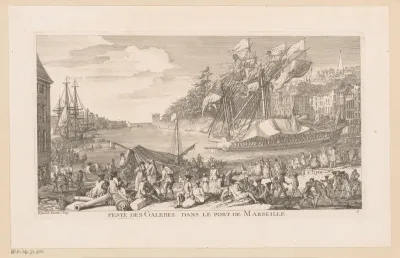 Gezicht op feestelijkheden in een haven met galeischepen