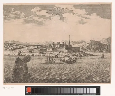Gezicht op Fort Sint George te Ghana in de Portugese periode