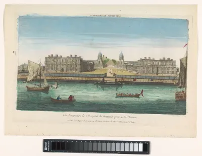 Gezicht op Greenwich Hospital aan de rivier de Theems te Greenwich