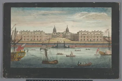 Gezicht op Greenwich Hospital aan de rivier de Theems te Greenwich