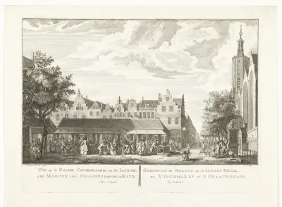 Gezicht op Grote of Sint Jacobskerk en Vismarkt te Den Haag
