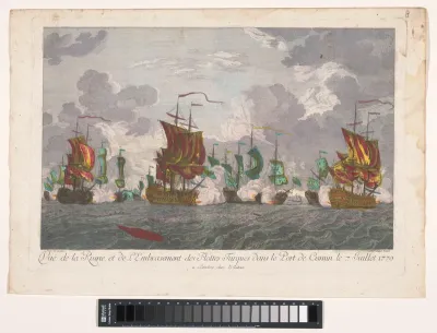 Gezicht op het afbranden van Turkse schepen in de haven van Cesme op 7 jui 1770