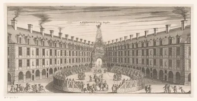 Gezicht op het amfitheater op het Place Dauphine te Parijs