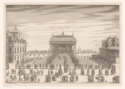 Gezicht op het baldakijn met de koninklijke tronen op Faubourg Saint-Antoine te Parijs