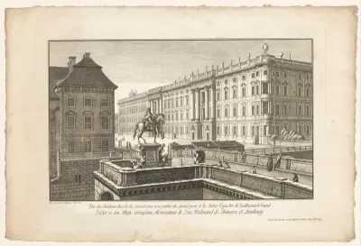 Gezicht op het Berliner Stadtschloss vanaf een brug met een ruiterstandbeeld