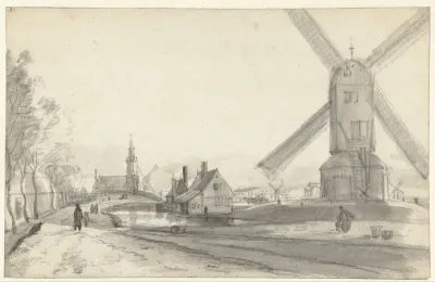 Gezicht op het bolwerk De Westerbeer, met de molen De Beer, bij de Haarlemmerpoort in Amsterdam