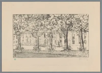 Gezicht op het bordes van Paleis Huis ten Bosch tussen een rij bomen