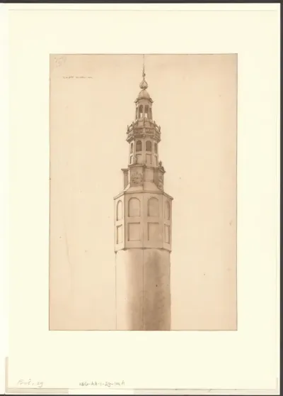 Gezicht op het bovengedeelte van de Montelbaanstoren