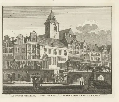 Gezicht op het Burgerweeshuis, de Regulierskerk en de Korenmarkt te Utrecht