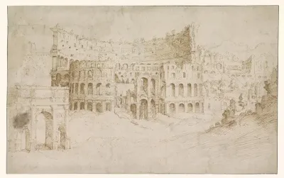 Gezicht op het Colosseum, de boog van Constantijn en de omgeving
