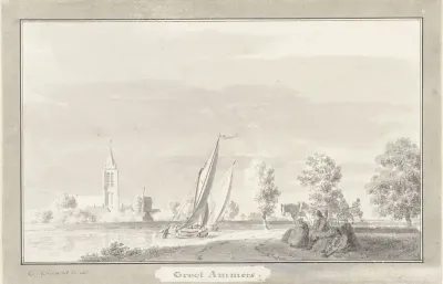 Gezicht op het dorp Groot-Ammers over de Lek