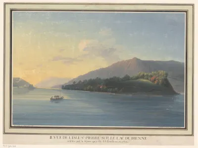 Gezicht op het eiland St. Peter aan het meer van Biel