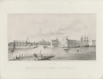 Gezicht op het Feestgebouw waar het muziekfeest is gehouden, 1854