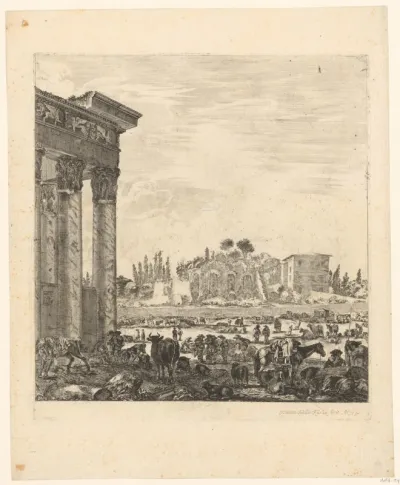 Gezicht op het Forum Romanum met de Tempel van Antoninus en Faustina en de Palatijn