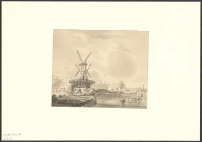 Gezicht op het Funen en bolwerk Zeeburg met molen De Zon