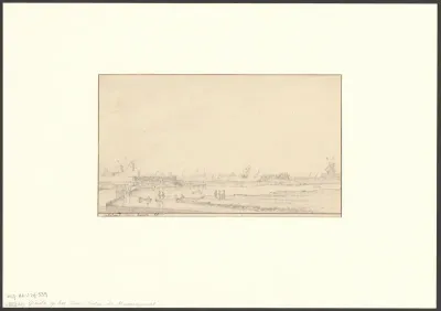 Gezicht op het Funen met links het bolwerk Zeeburg met molen De Zon en rechts de Nieuwe Vaart