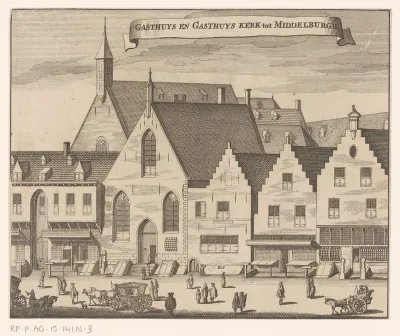 Gezicht op het Gasthuis en de Gasthuiskerk te Middelburg