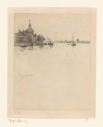 Gezicht op het Groothoofd te Dordrecht vanaf het water van de Oude Maas