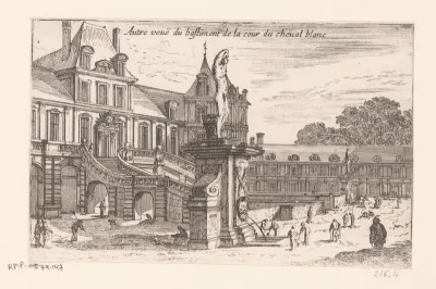 Gezicht op het Hof van het Witte Paard en gevel van kasteel Fontainebleau