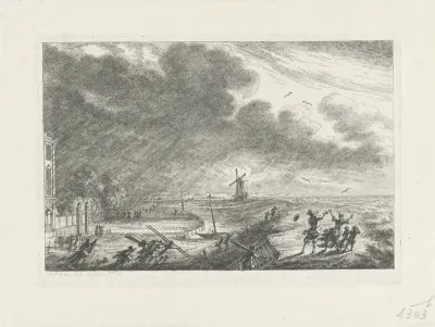 Gezicht op het Huis Zwanenburg bij hevige storm en watersnood, 1775