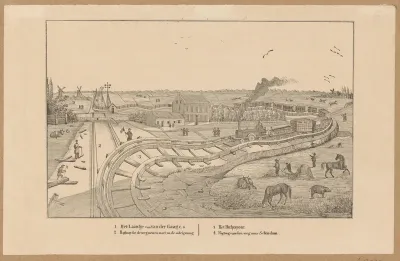 Gezicht op het hulpspoor van de Hollandsche IJzeren Spoorweg-Maatschappij bij Delft