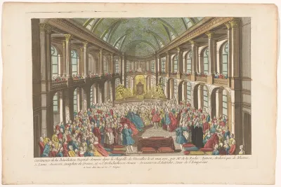 Gezicht op het huwelijk tussen Lodewijk XVI, koning van Frankrijk, en Marie Antoinette, koningin van Frankrijk, in de kapel van het Paleis van Versailles op 16 mei 1770