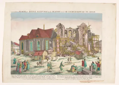 Gezicht op het instorten van de nieuwe toren van de Deutscher Dom te Berlijn op 28 juli 1781