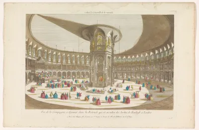 Gezicht op het interieur van de Rotunda in Ranelagh Gardens te Londen met een gezelschap aan een maaltijd