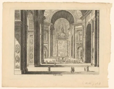 Gezicht op het interieur van de Sint-Pietersbasiliek en de Balcacchino.