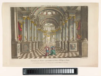 Gezicht op het interieur van het paleis van Oedipus te Thebe