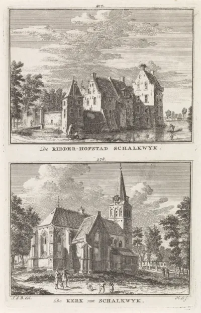 Gezicht op het kasteel en de kerk te Schalkwijk