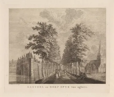 Gezicht op het kasteel en de kerk te Spijk (Lingewaal), achterzijde