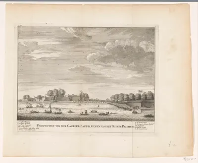 Gezicht op het kasteel te Batavia, gezien vanaf het suikerpakhuis
