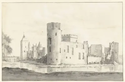 Gezicht op het kasteel te Egmond, met links de vestingmuur