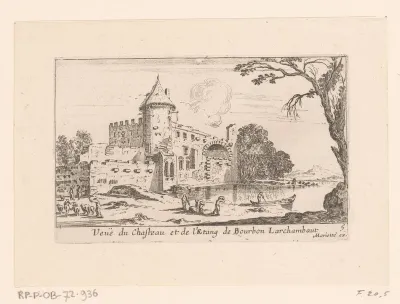 Gezicht op het kasteel van Bourbon l'Archambault met vijver