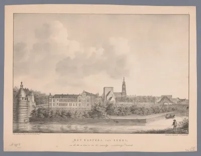 Gezicht op het Kasteel van Breda met zicht op de Grote Kerk