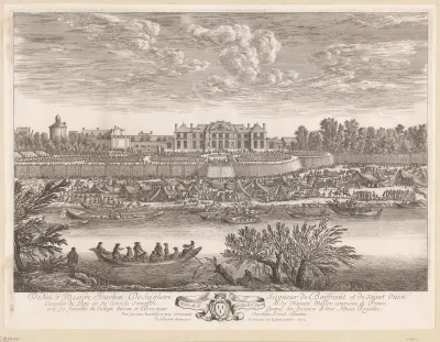 Gezicht op het kasteel van Saint-Ouen met ervoor een tentenkamp aan een rivier
