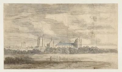 Gezicht op het kasteel van Vincennes, achter een rij bomen