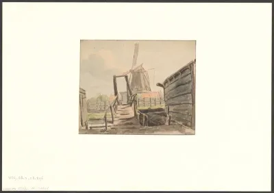Gezicht op het Kerkpad met de brug over de Vinkenbuurtsloot en molen De Wezel