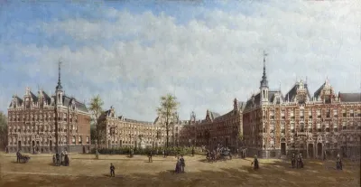 Gezicht op het Koningin Emmaplein te Rotterdam met figuren