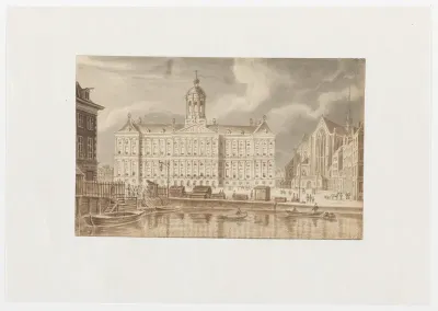 Gezicht op het Koninklijk Paleis en de Nieuwe Kerk op de Dam te Amsterdam