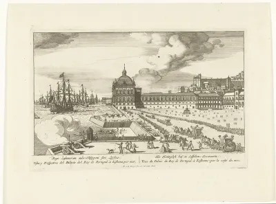Gezicht op het Koninklijk Paleis te Lissabon en het voorplein met mensen