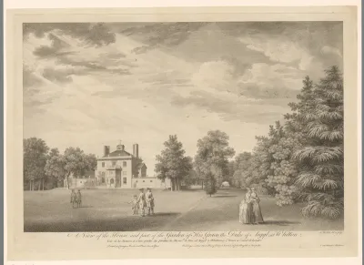 Gezicht op het landhuis en de tuin van Whitton Park
