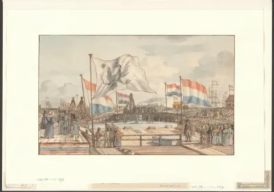 Gezicht op het leggen van de eerste steen van de Westerdoksluis